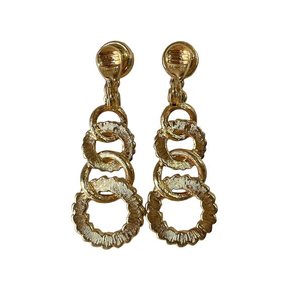 1980s MONET Textured & Polished Gold Plate Laurel Wreath Hoops Clip Earrings - Picture 2 of 3